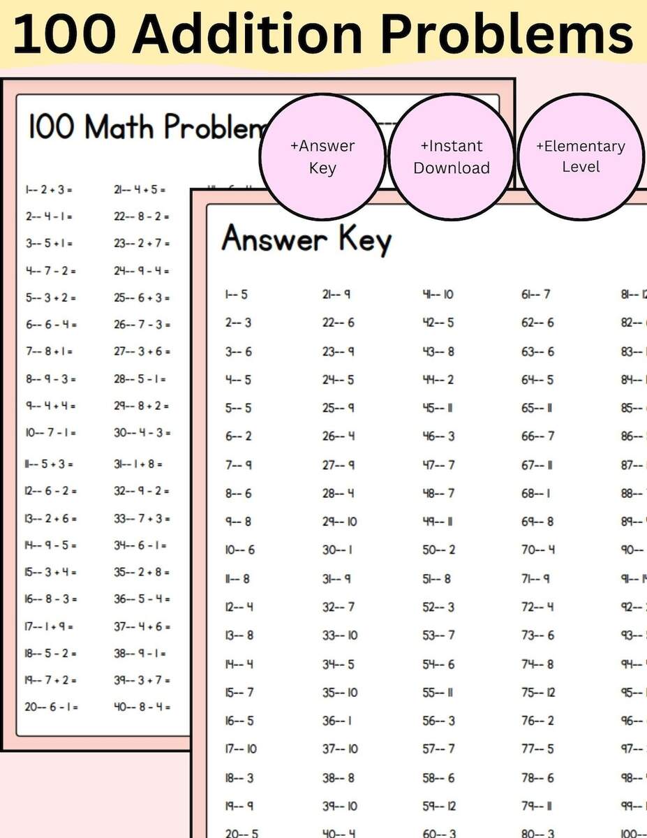 100 Addition Problems Worksheet Kindergarten 1st Grader 2nd Grade Instant Downloadable PDF Printable Math Worksheet Addition Adding Plus Etsy 100 Addition Problems Worksheet Kindergarten 1st Grader 2nd Grade Instant Downloadable PDF Printable Math Worksheet Addition Adding Plus Etsy