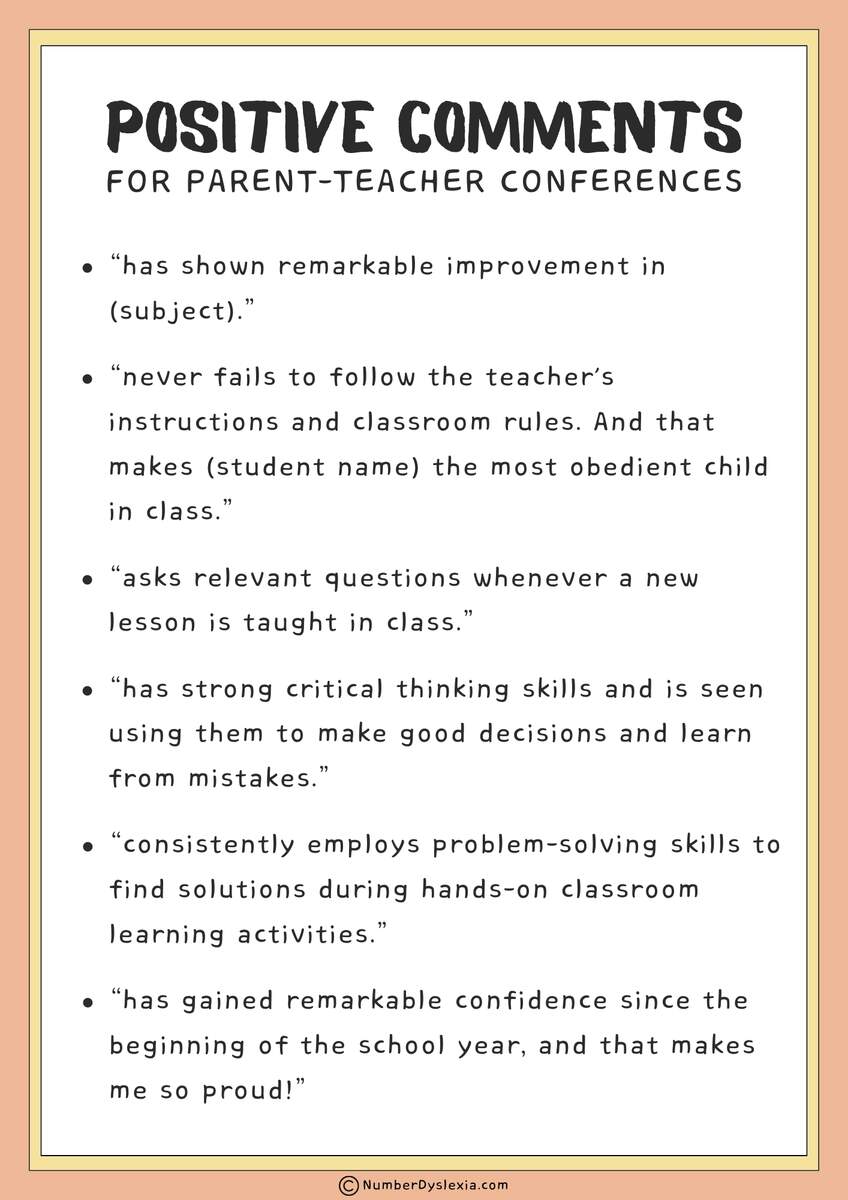 100 Positive Comments For Parent Teacher Conferences PDF Included Number Dyslexia