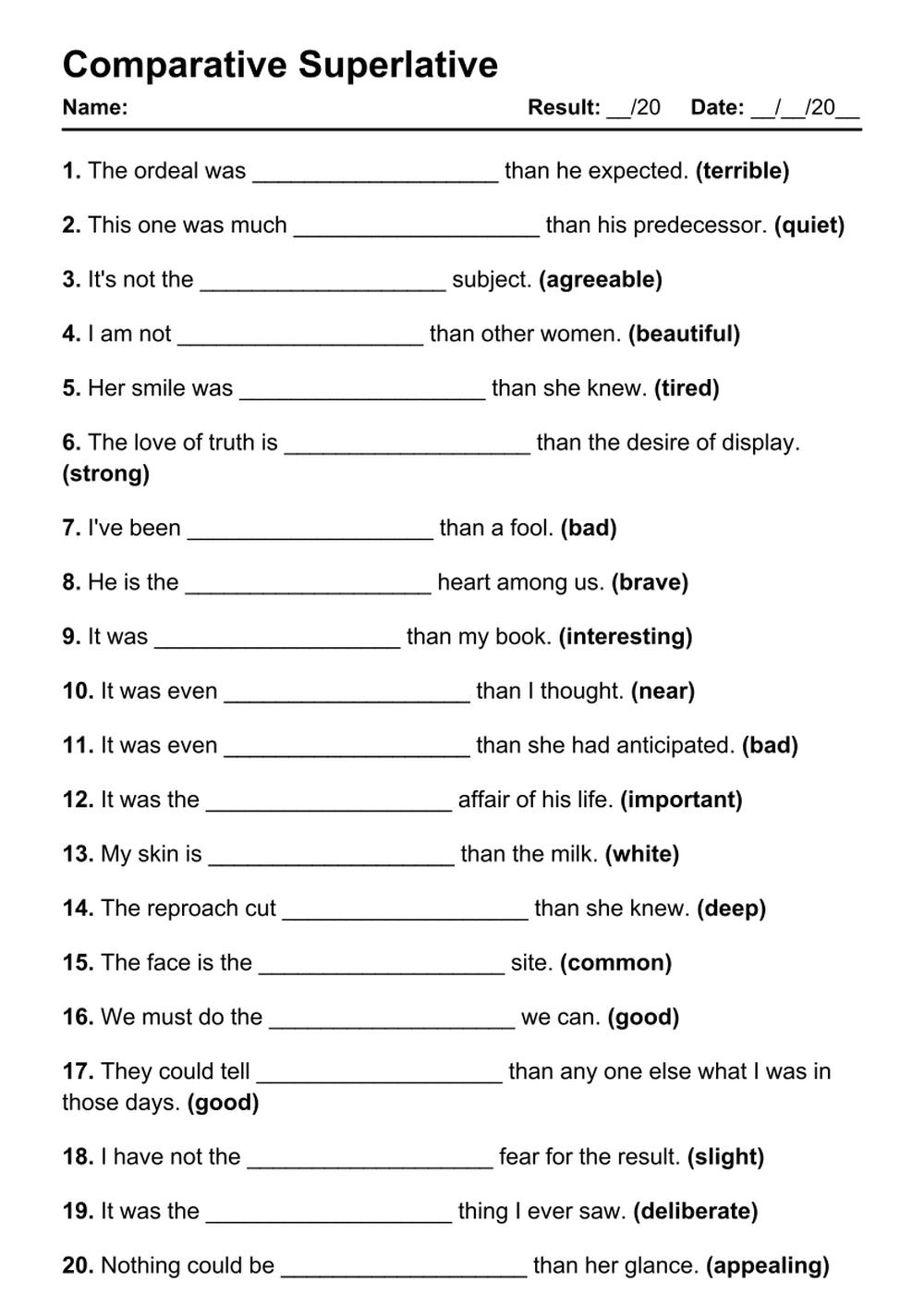 101 Comparative Superlative PDF Worksheets With Answers Grammarism Comparative And Superlative Adjectives Write The Comparative And Superlative Forms Of The Adjectives Printable Grammar Worksheet PDF Ezpzlearn