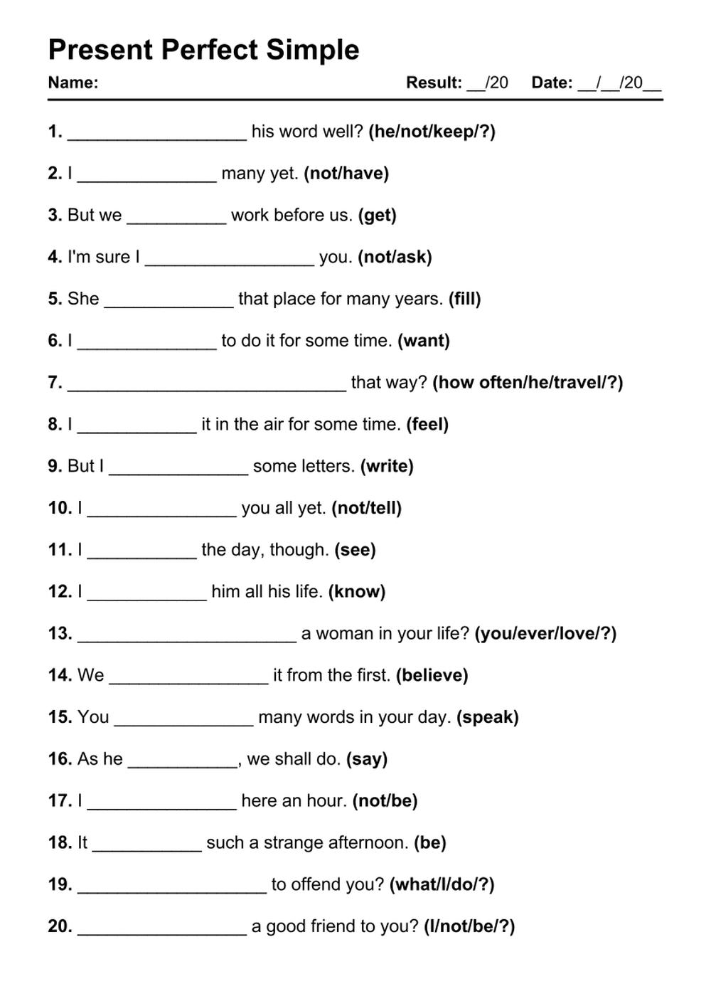 101 Present Perfect PDF Worksheets With Answers Grammarism