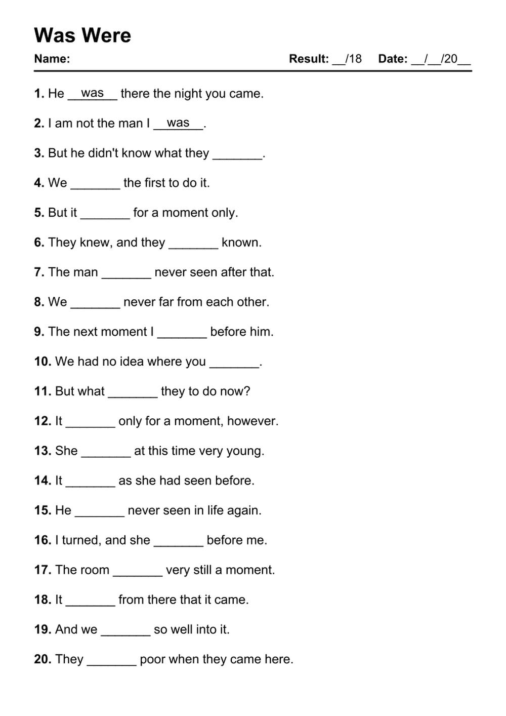 101 Was Were PDF Worksheets With Answers 2091 Exercises Grammarism