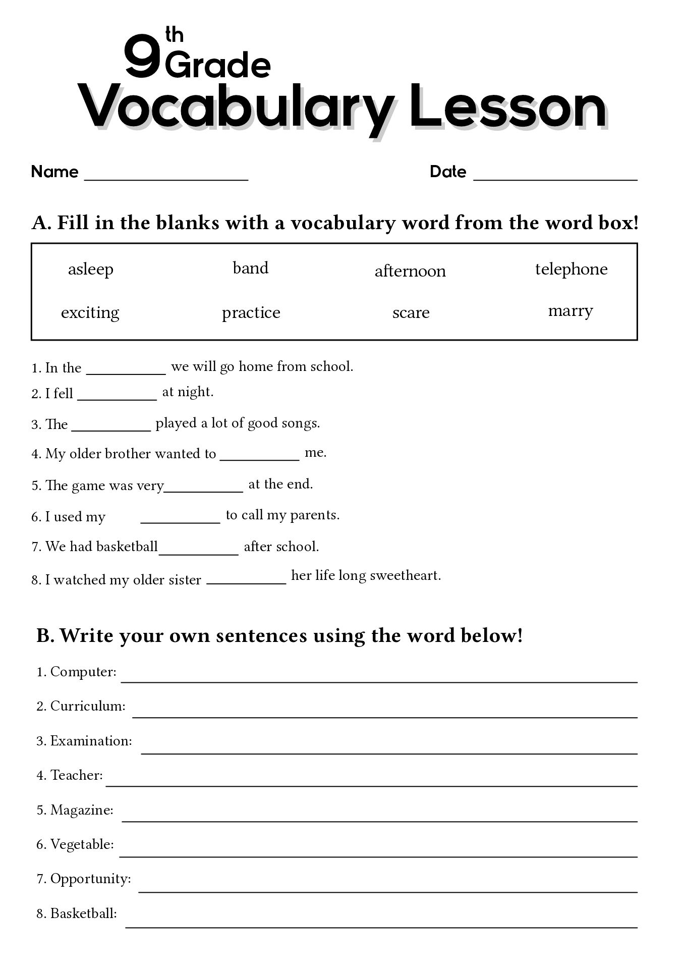 Free Printable Ninth Grade Math Practice Worksheet
