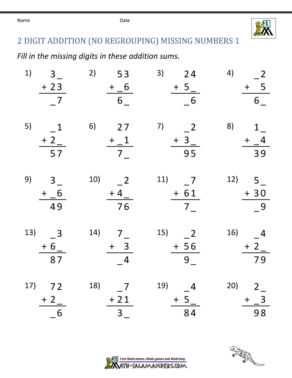 2 Digit Addition Without Regrouping