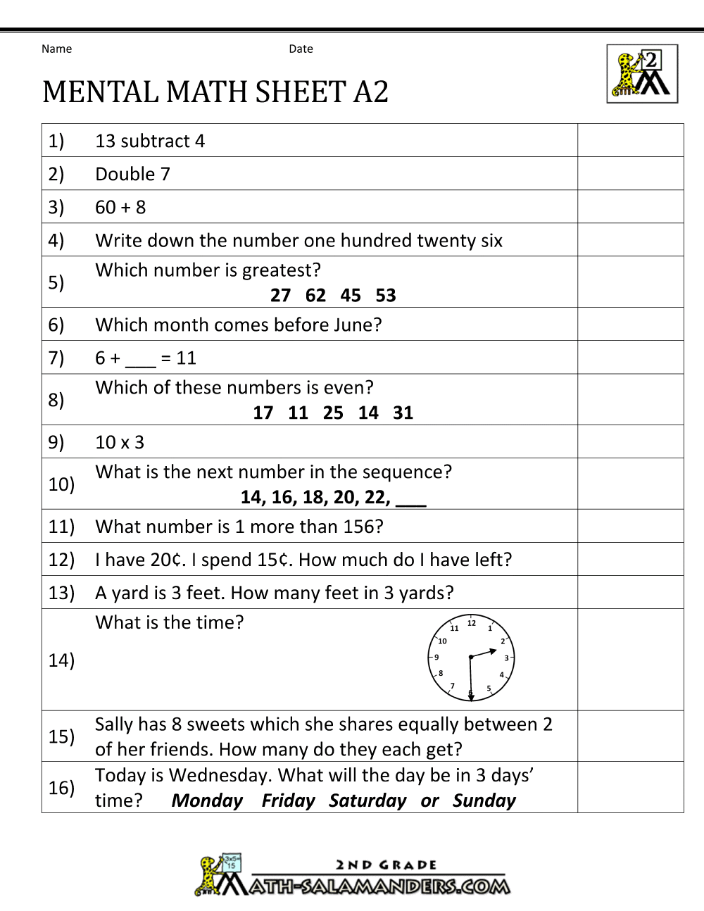 2nd Grade Mental Math Worksheets A71 2nd Grade Mental Math Worksheets A71