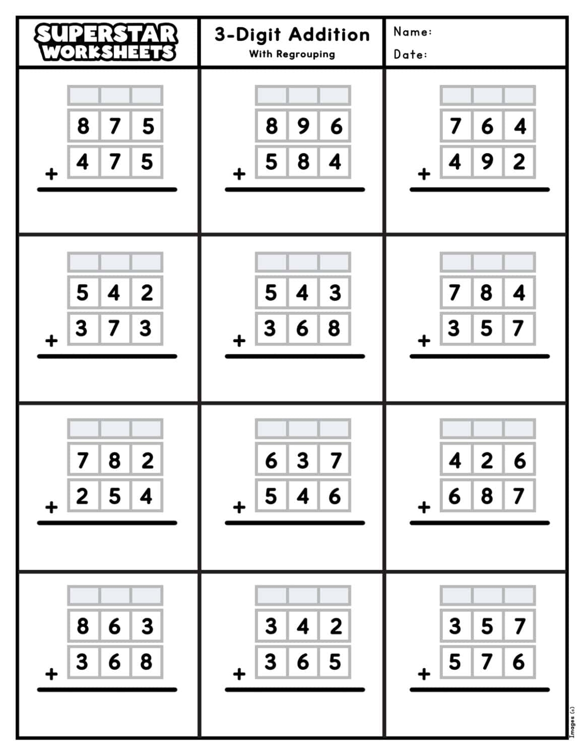 3 Digit Addition Worksheets Superstar Worksheets Blank 3 Digit Addition Worksheets Three Digit Addition Regrouping Template Made By Teachers