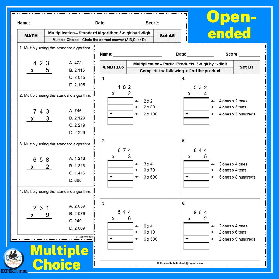 3 Digit By 1 Digit Multiplication Assessment Worksheets Area Models Partial Products Made By Teachers 3 Digit By 2 Digit Area Model Multiplication Worksheets Made By Teachers