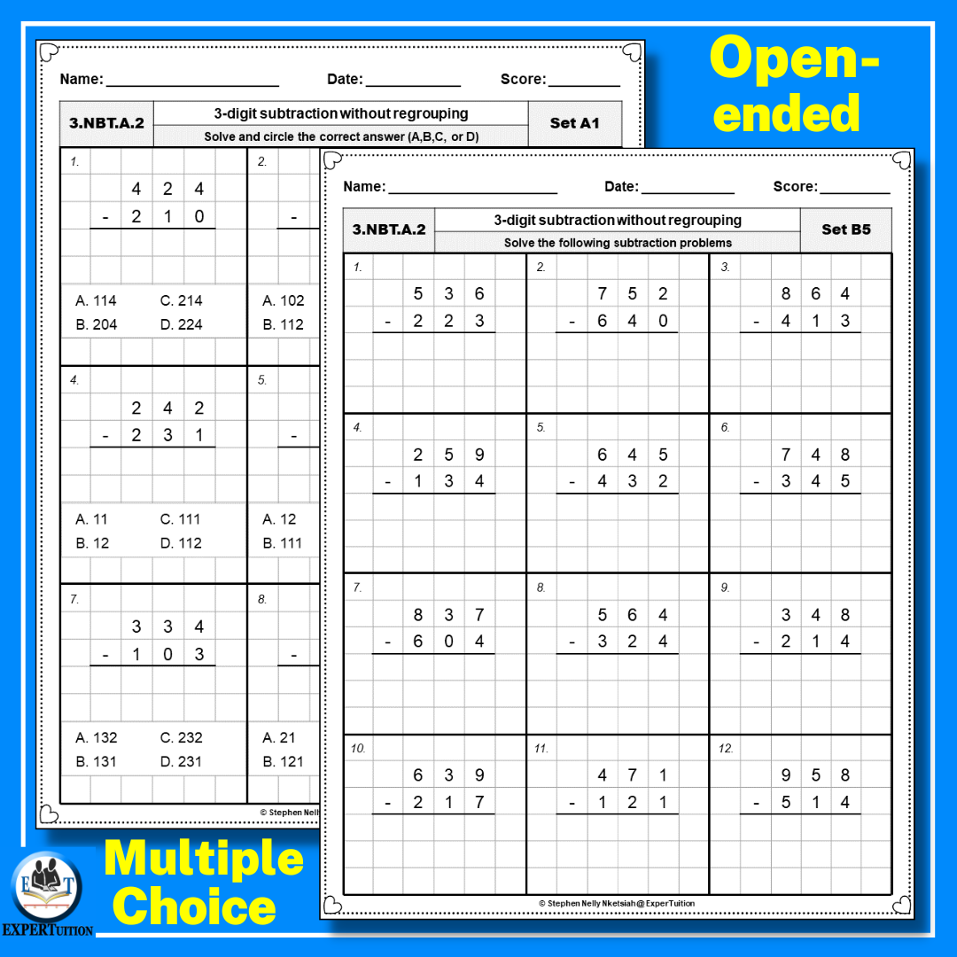 3 Digit Subtraction Without Regrouping Worksheets Differentiated Graph Paper Made By Teachers