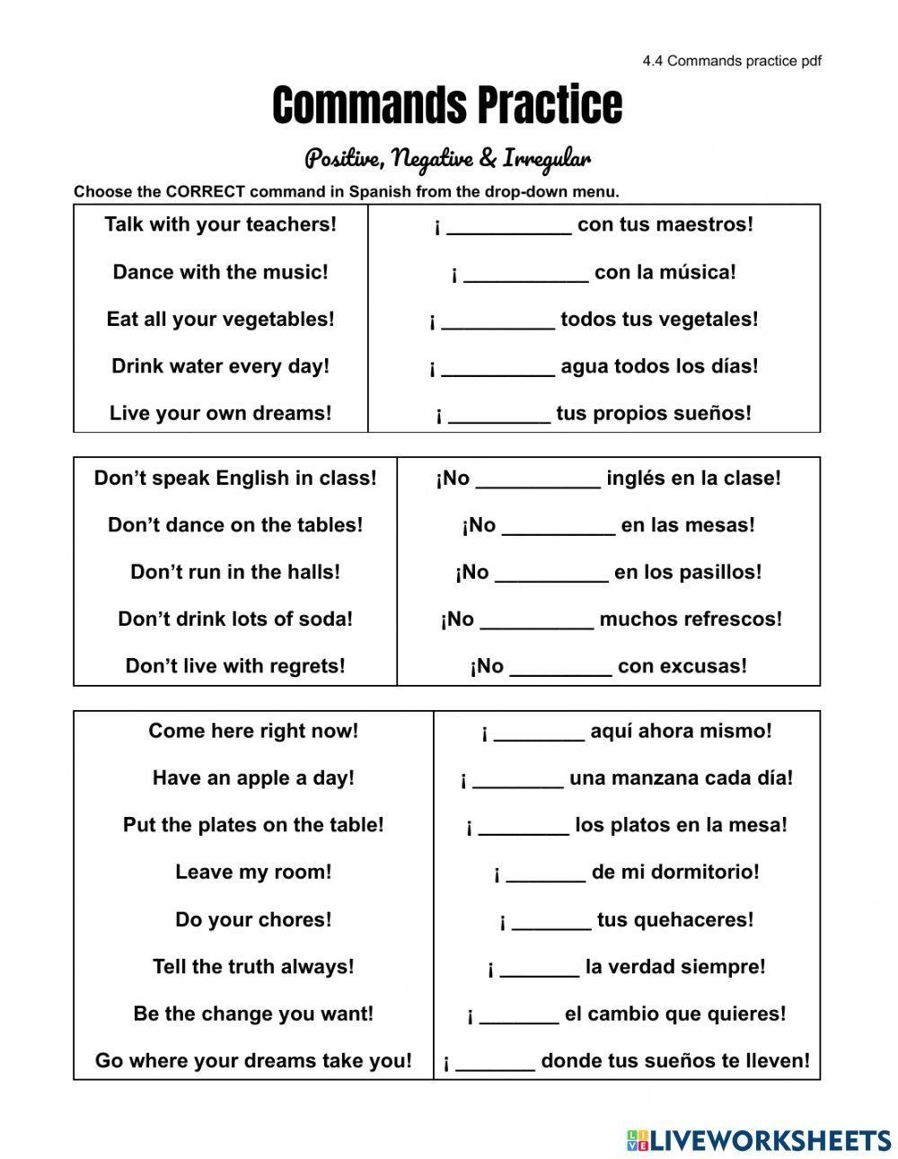 4 4 Commands Practice Worksheet Worksheets Library The Imperative In Spanish PDF Worksheet Spanish Learning Lab