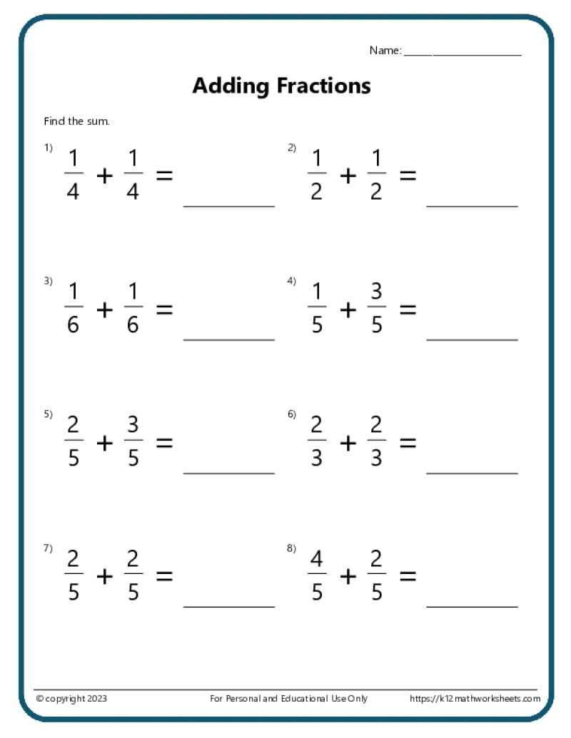Fifth Grade Adding Fractions Worksheet