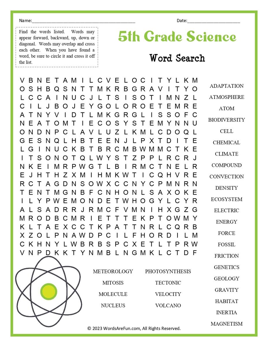 5th Grade Science Word Search Worksheets Library