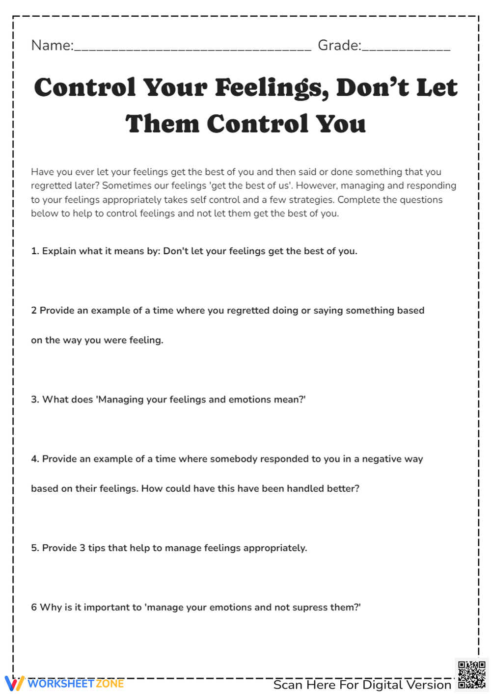 5th Grade Self Control Worksheets