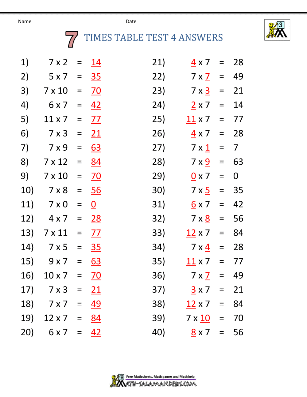 7 Times Table Worksheet Page