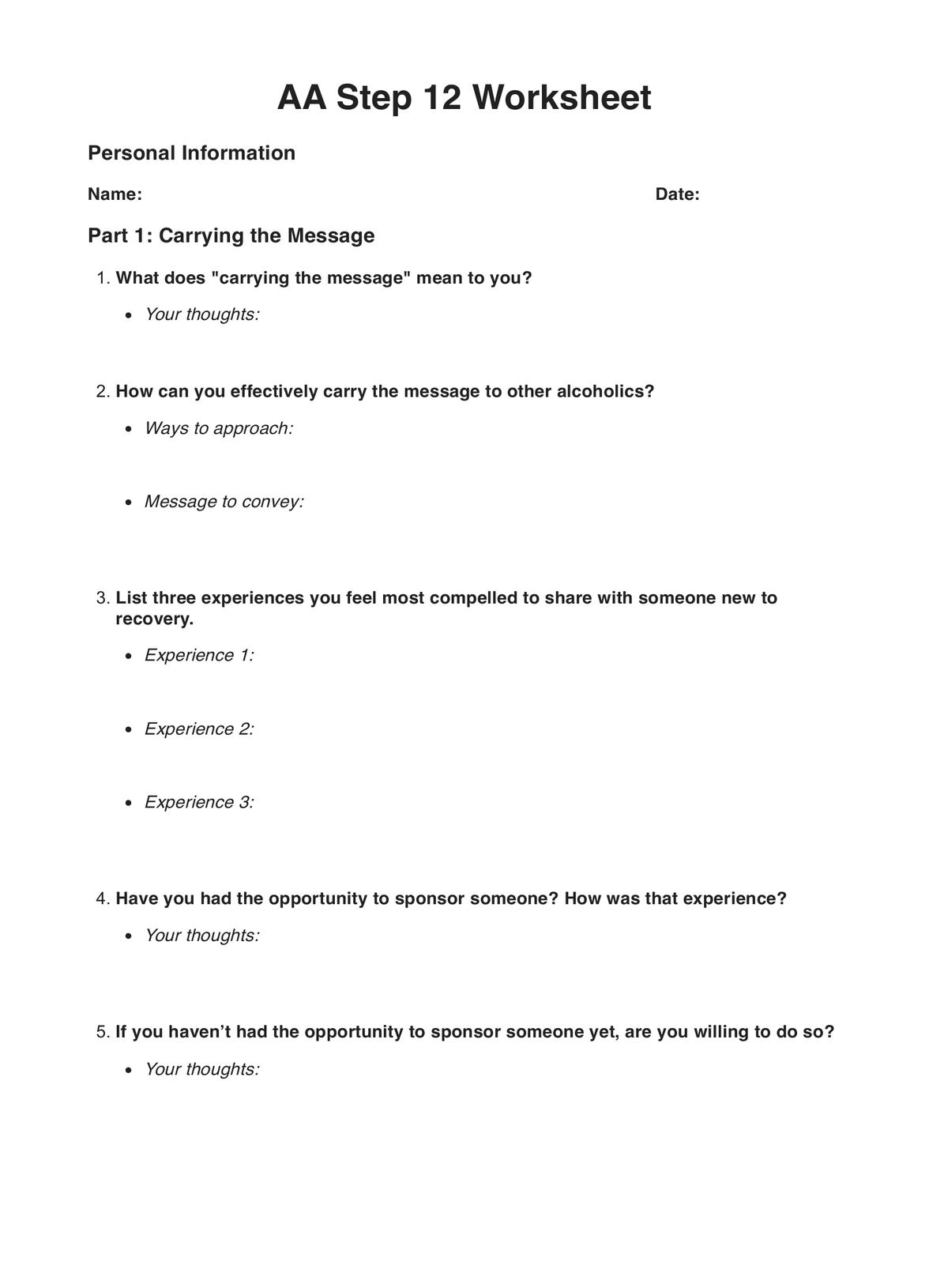 AA Step 12 Worksheets AA Step 12 Worksheets