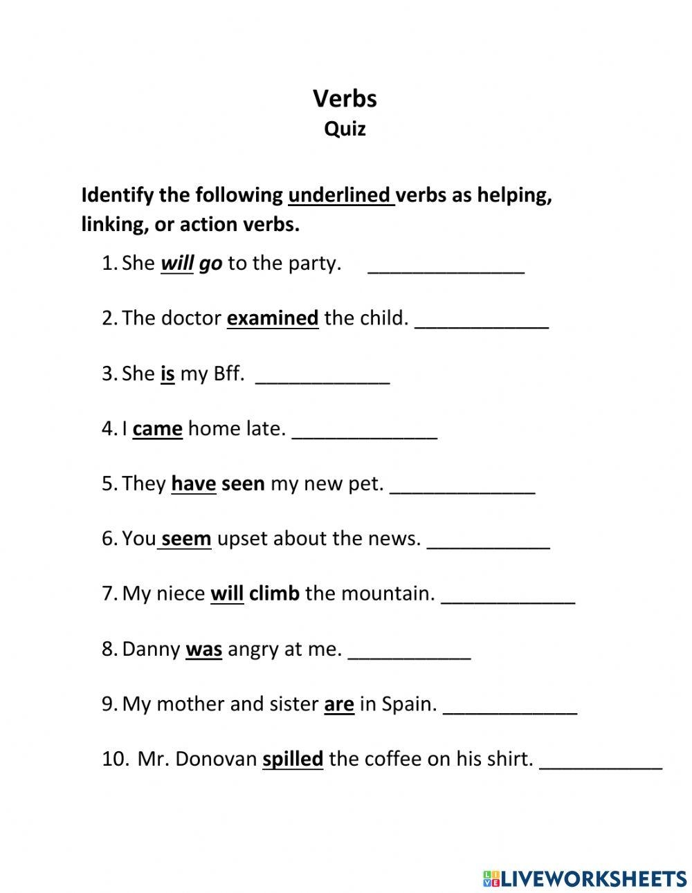 Action Linking And Helping Verbs Online Exercise For Live Worksheets Library