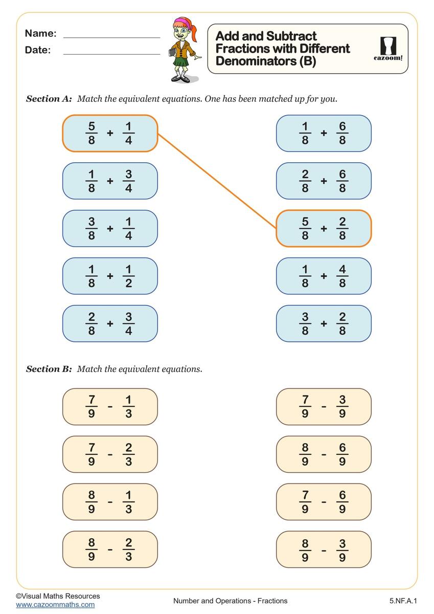 Add And Subtract Fractions With Different Denominators B Worksheet Printable PDF 5th Grade Number Operations Worksheet Cazoom Math Add And Subtract Fractions With Different Denominators B Worksheet Printable PDF 5th Grade Number Operations Worksheet Cazoom Math