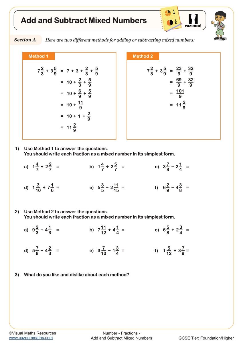Add And Subtract Mixed Numbers Worksheet Printable PDF For Year 8 Year 9 And Year 10 Number Worksheet