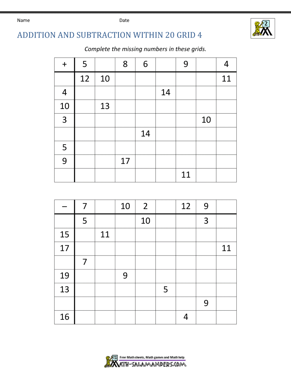 Add And Subtract Within 20