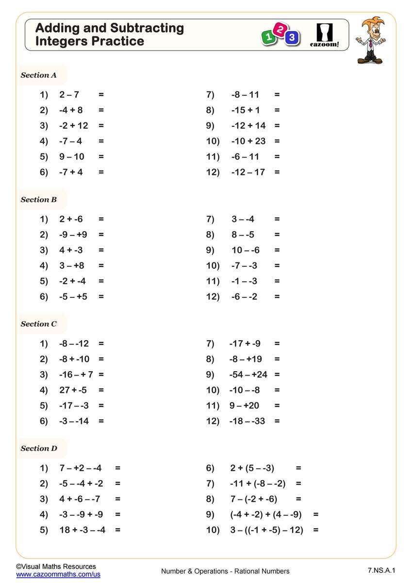 Adding And Subtracting Integers Practice Worksheet 7th Grade PDF Worksheets Cazoom Math