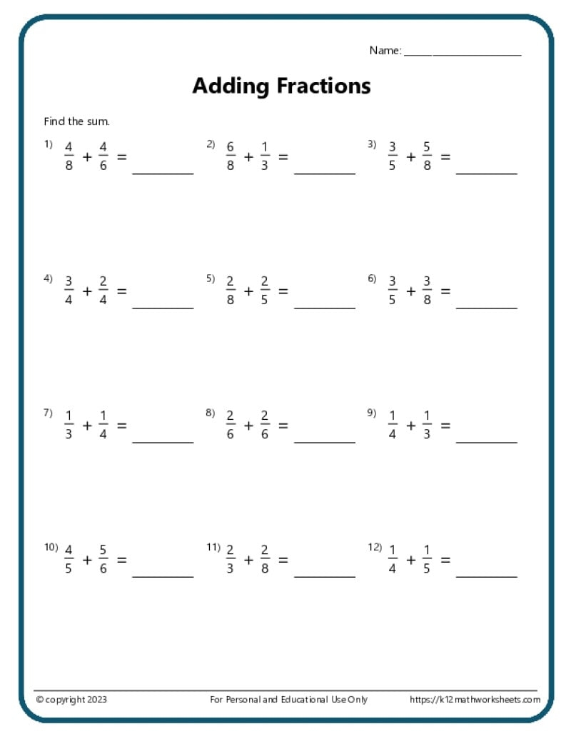 Adding Fractions Worksheets Same And Unlike Denominators Free Printables Lettering SVG Files Tools Apps