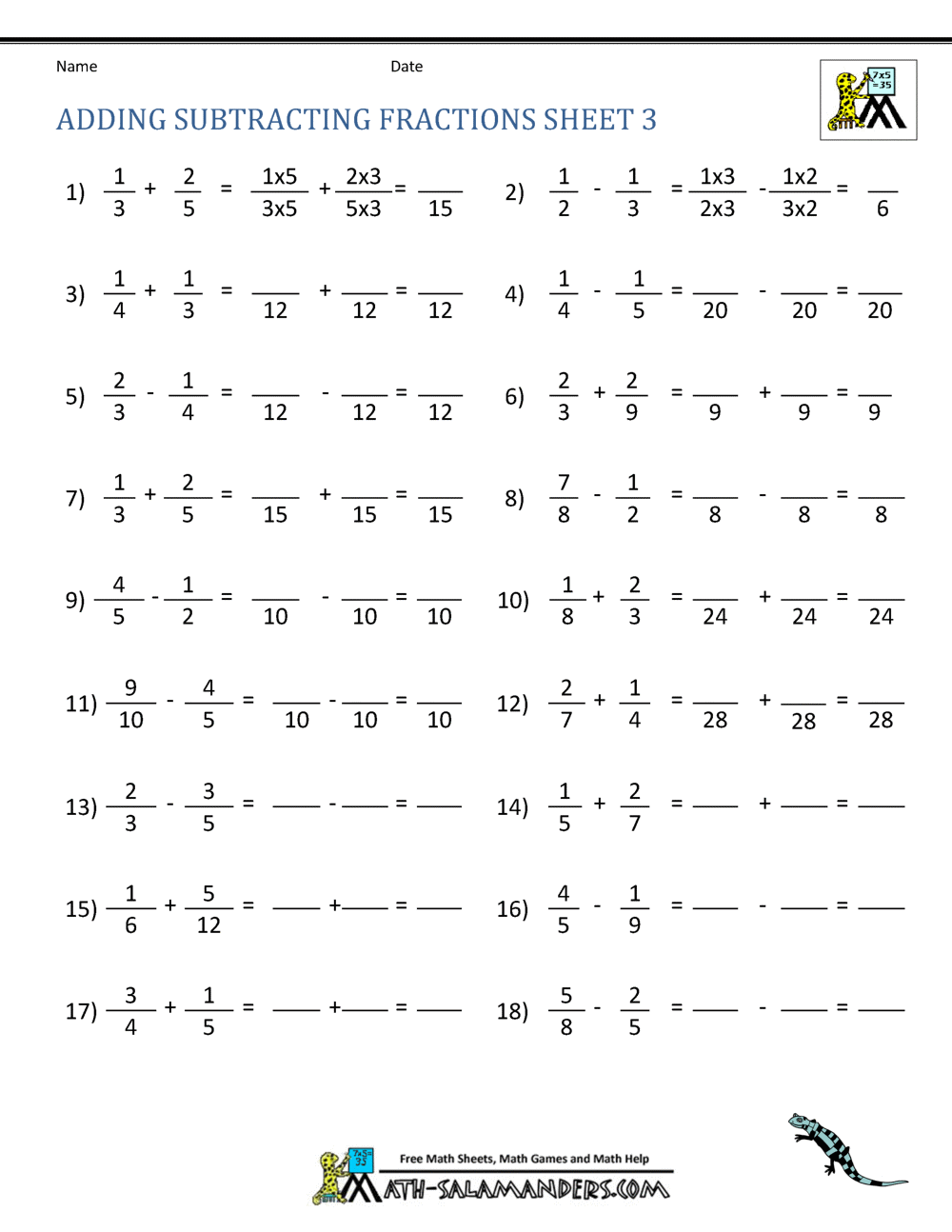Adding Subtracting Fractions Worksheets Adding Fractions Worksheets