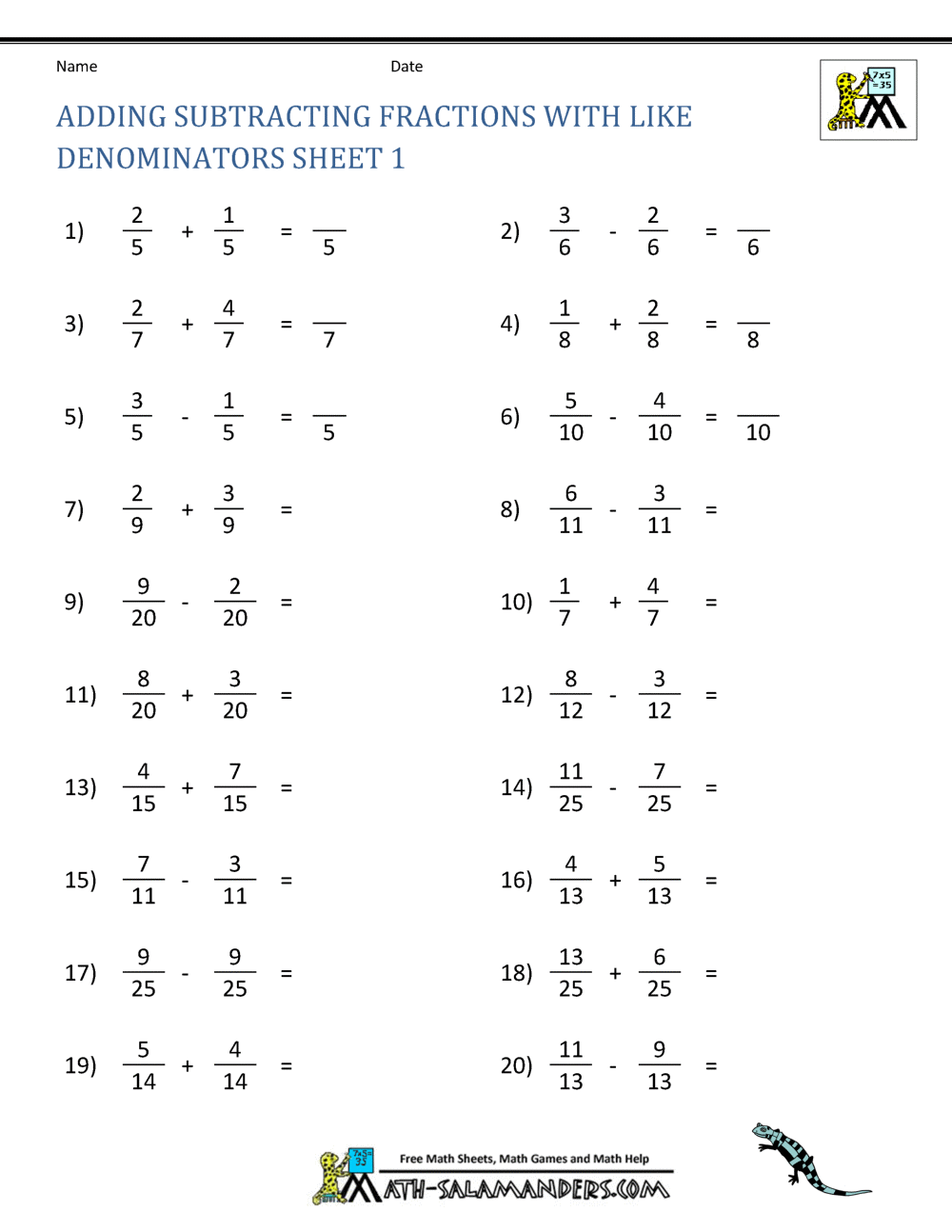 Adding Subtracting Fractions Worksheets Adding And Subtracting Fractions Worksheet Printable Maths Worksheets