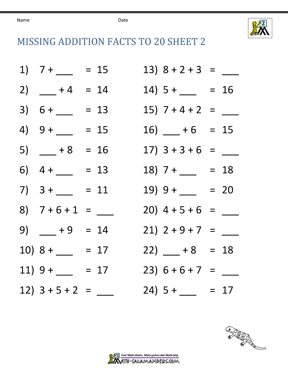 Addition Facts To 20 Worksheets Addition Facts To 20 Worksheets