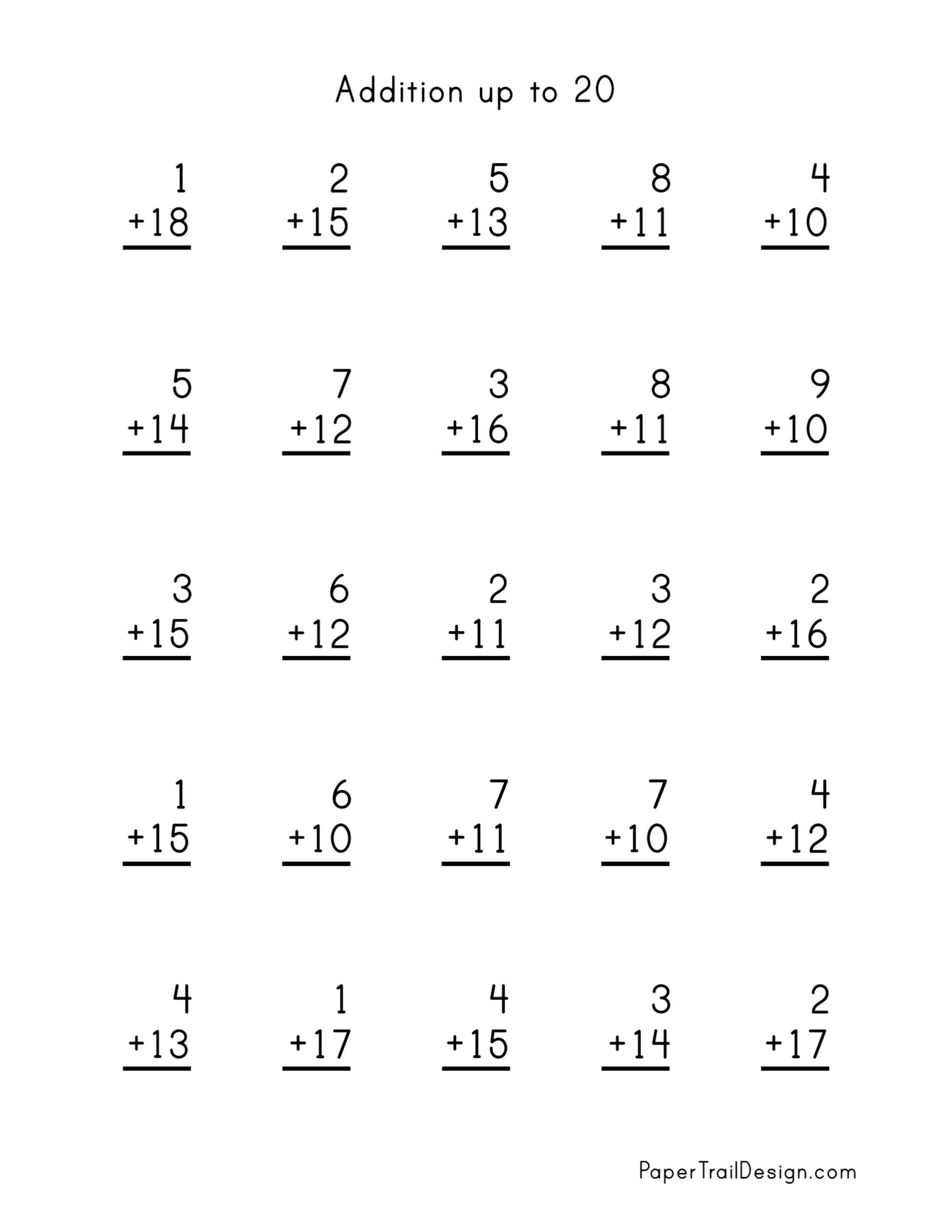 Addition Worksheets Paper Trail Design Addition Facts To 20 Worksheets