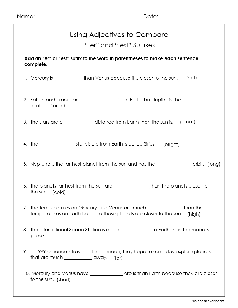 Adjectives That Compare Er Est More Most Outer Space Theme Grades 3 4 Google Drive Made By Teachers