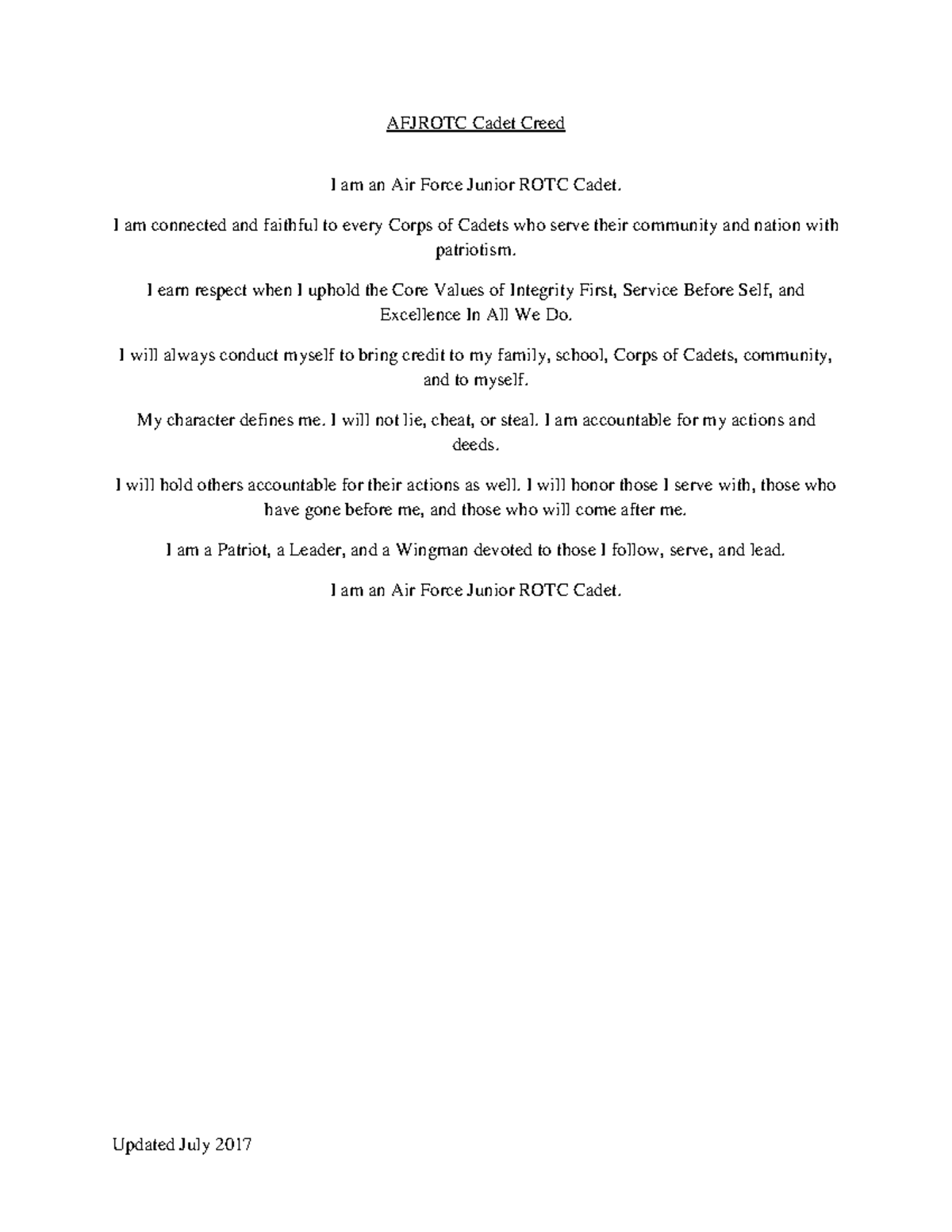 AFJROTC Cadet Creed Core Values And Responsibilities Studocu