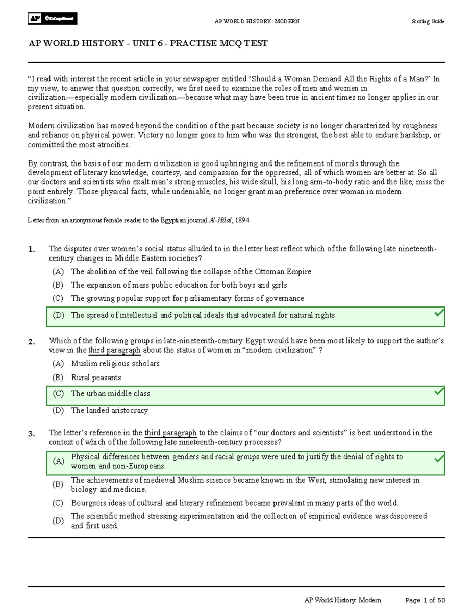 AP World History Modern UNIT 6 Practice MCQ Test Rubric Studocu