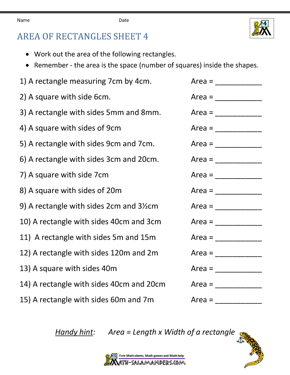 Area Of Rectangle Worksheets