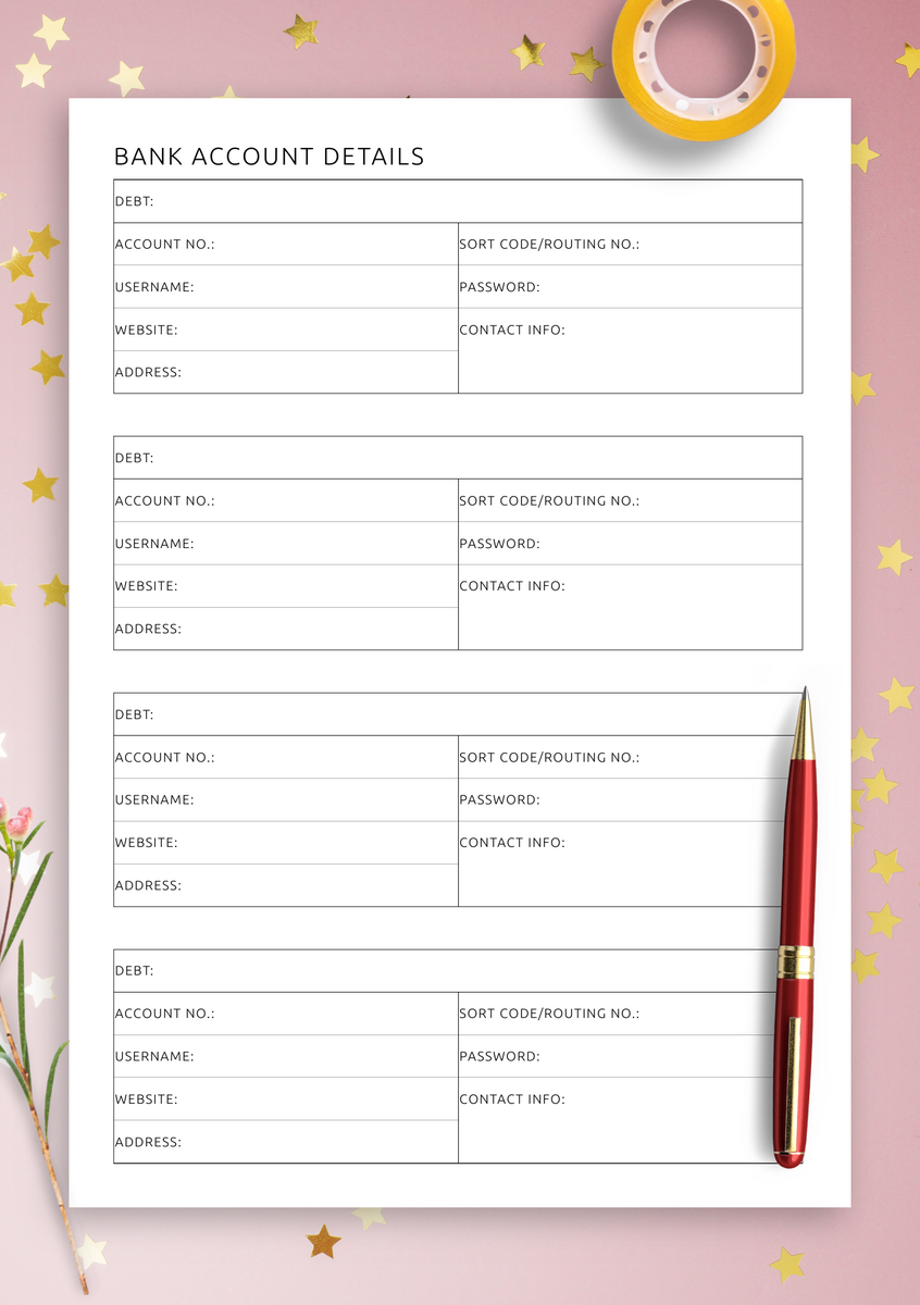 Bank Account Details PDF Get Printable Or Digital For ReMarkable Kindle Scribe Supernote