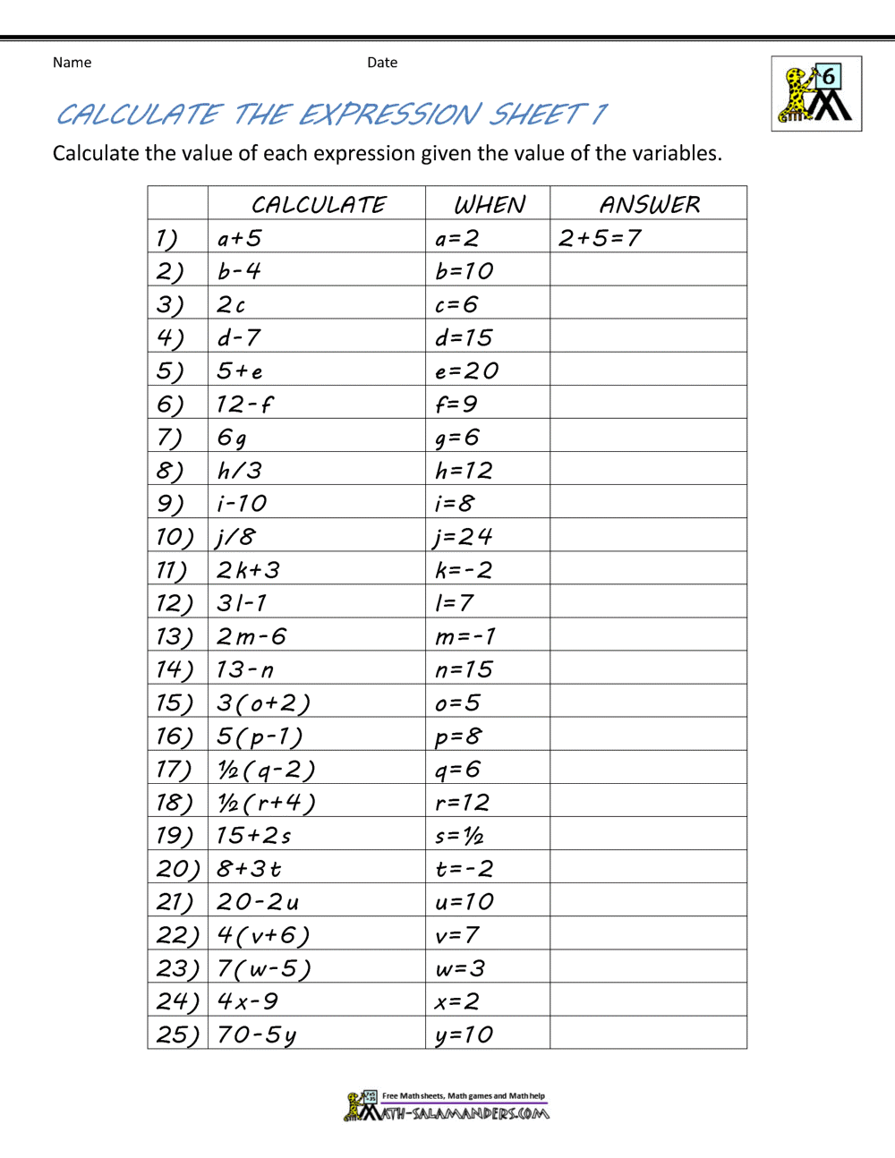 Basic Algebra Worksheets