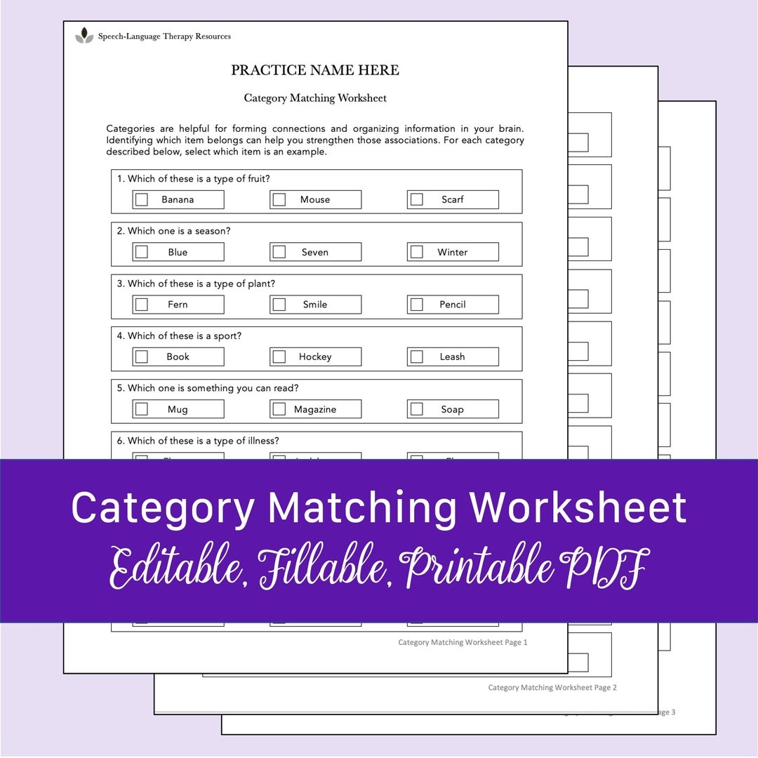 Category Matching Worksheet For Speech Therapy Fillable Printable PDF Etsy