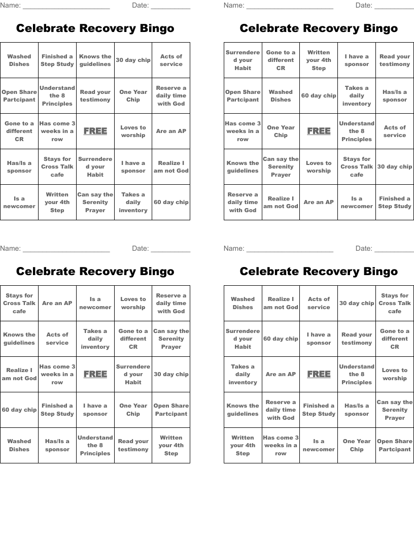 Celebrate Recovery Bingo WordMint Celebrate Recovery Bingo WordMint