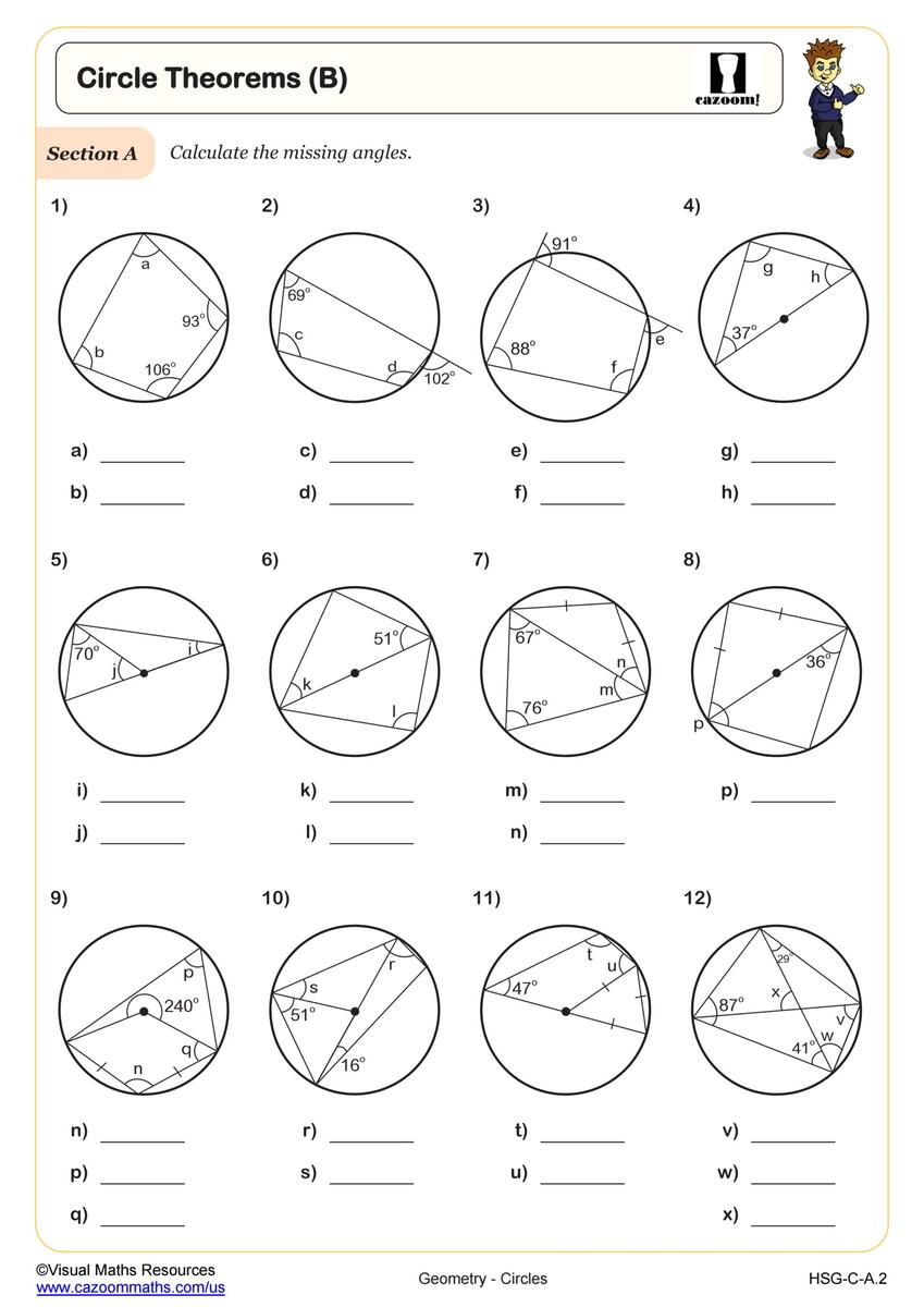 Circle Theorems A Worksheet PDF Printable Geometry Worksheet Cazoom Math Inscribed Angles Zen Math Worksheets Library