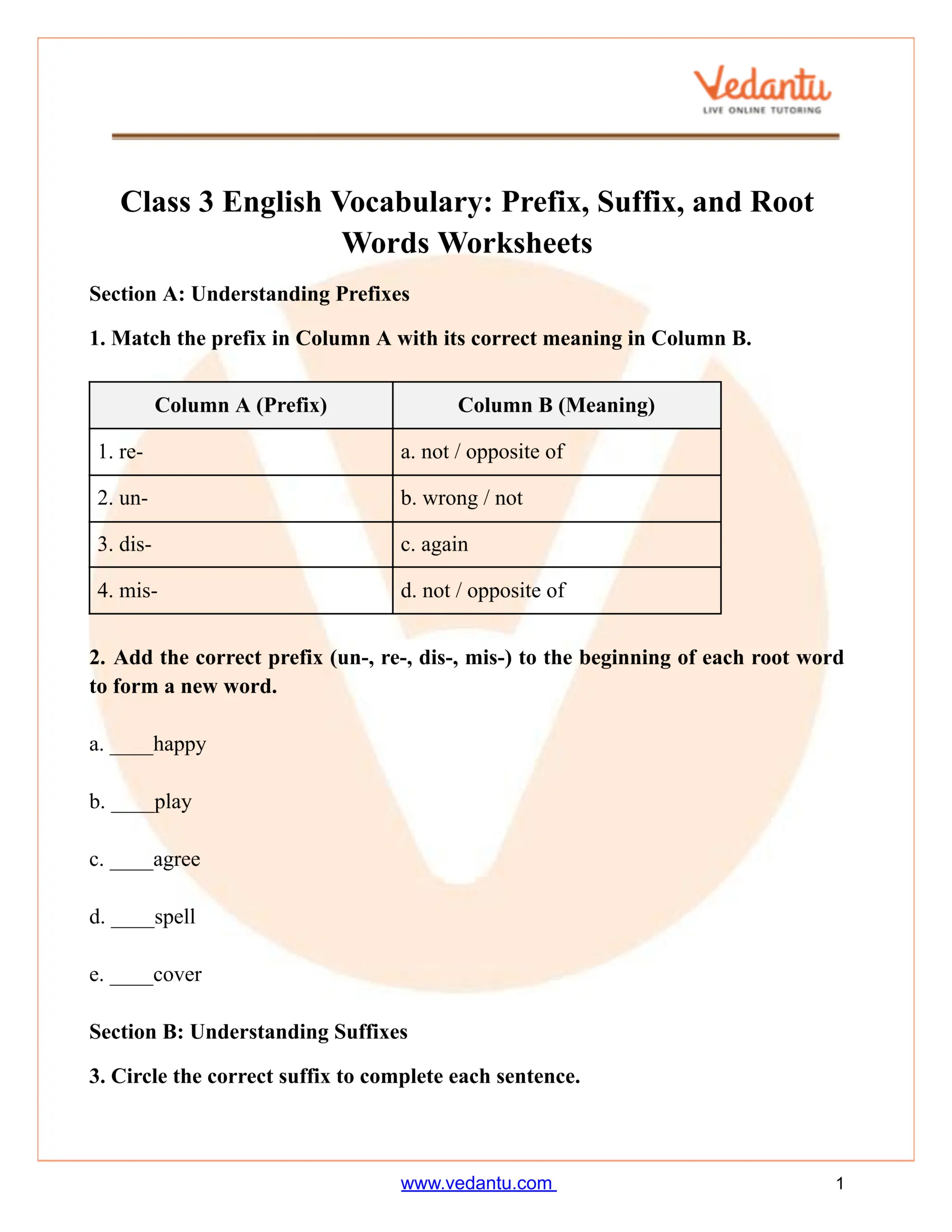 Class 3 Prefix Suffix Root Words Worksheet PDF With Answers Class 3 Prefix Suffix Root Words Worksheet PDF With Answers
