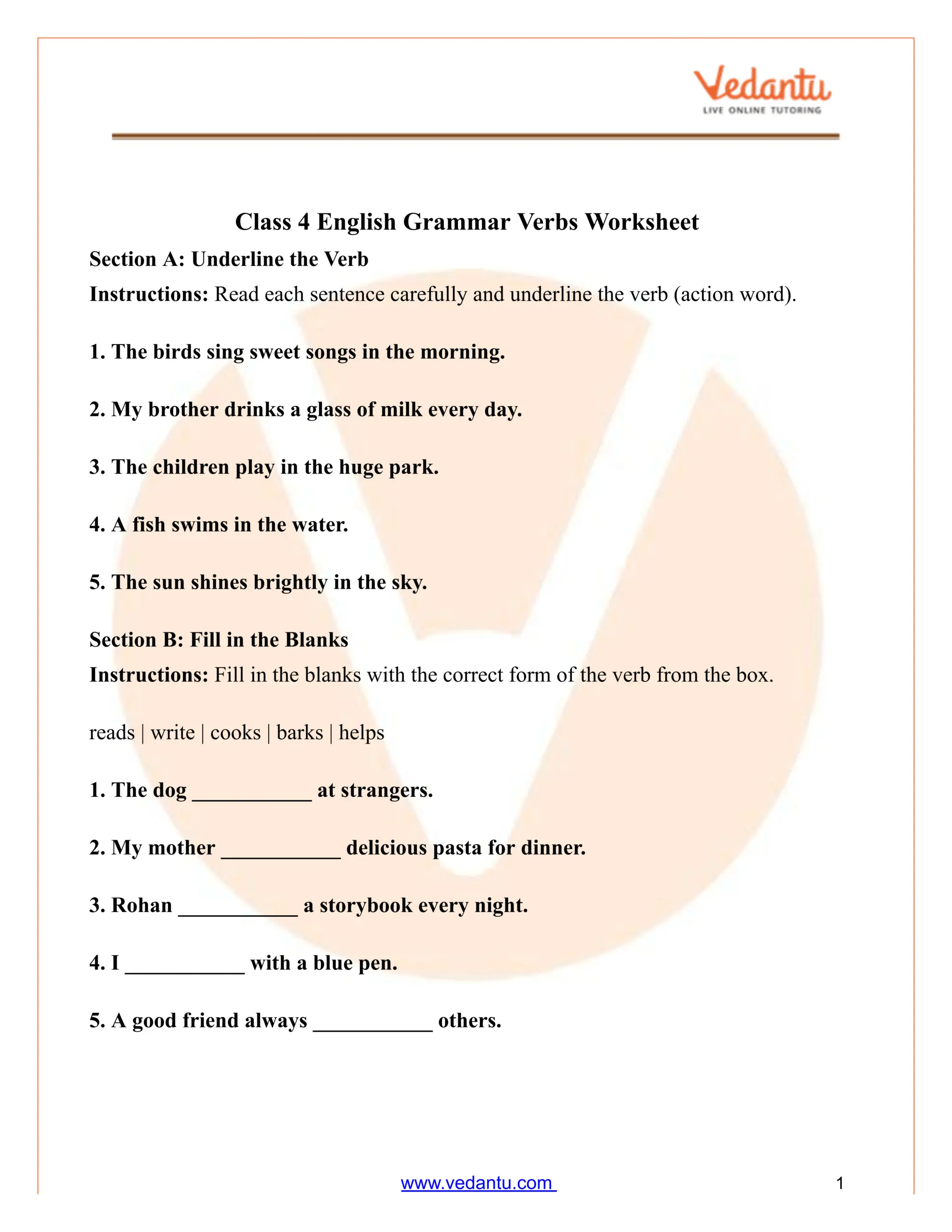 Class 4 English Grammar Verbs Worksheet PDF Free Practice