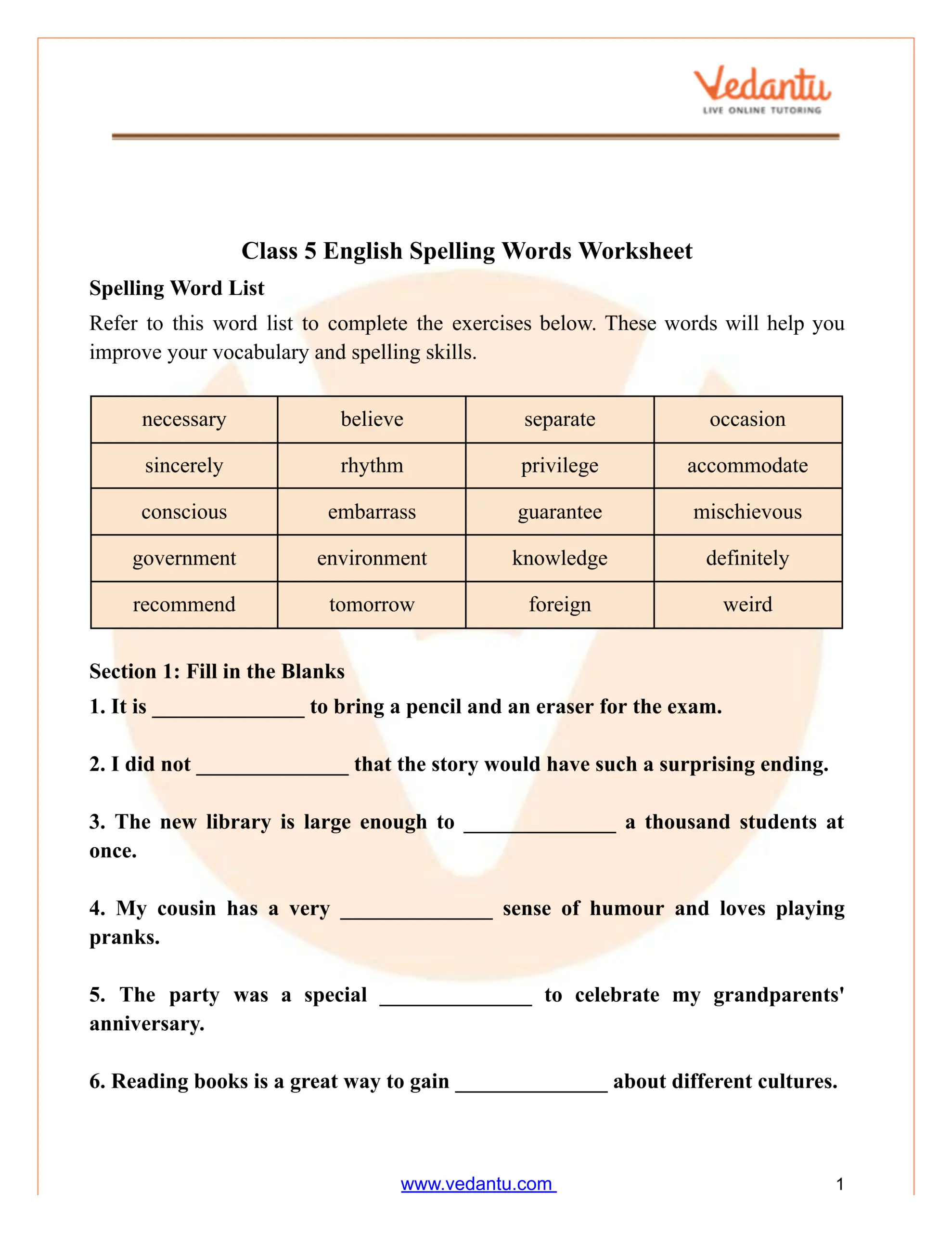 Class 5 Spelling Words Worksheet PDF Practice Answers