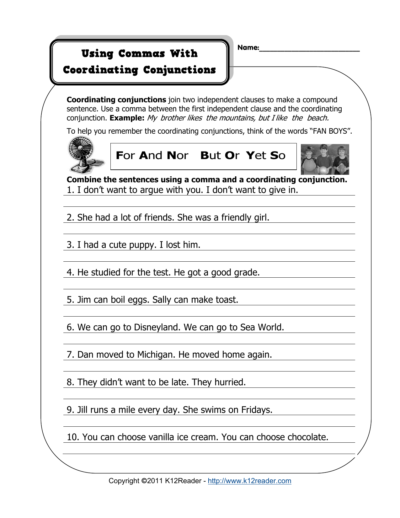 Commas Coordinating Conjunctions Worksheet