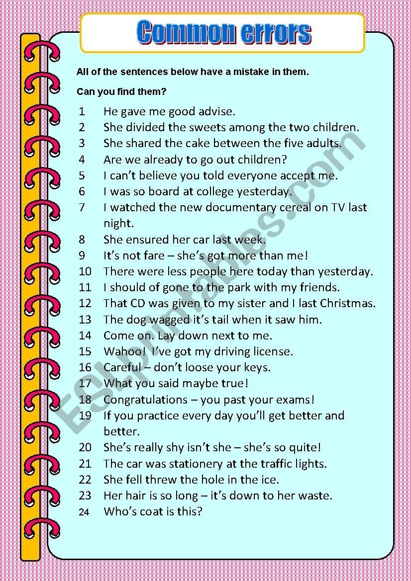 Common Errors ESL Worksheet By Nicola5052 Common Mistakes In English Worksheet Worksheets Library
