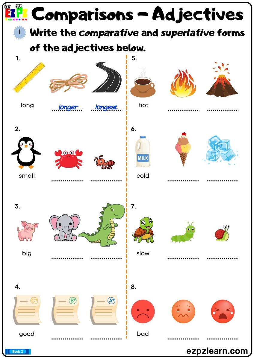 Comparative And Superlative Adjectives Write The Comparative And Superlative Forms Of The Adjectives Printable Grammar Worksheet PDF Ezpzlearn Comparative And Superlative Adjectives Grammar Worksheets For Grade 1 2 3 Made By Teachers
