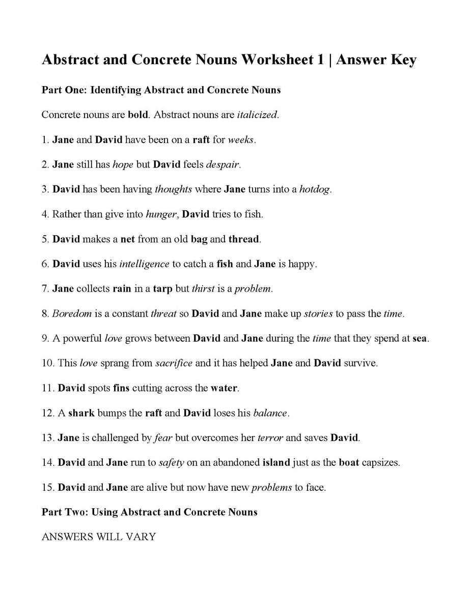 Concrete And Abstract Nouns Worksheet Lost At Sea Parts Of Speech Activity