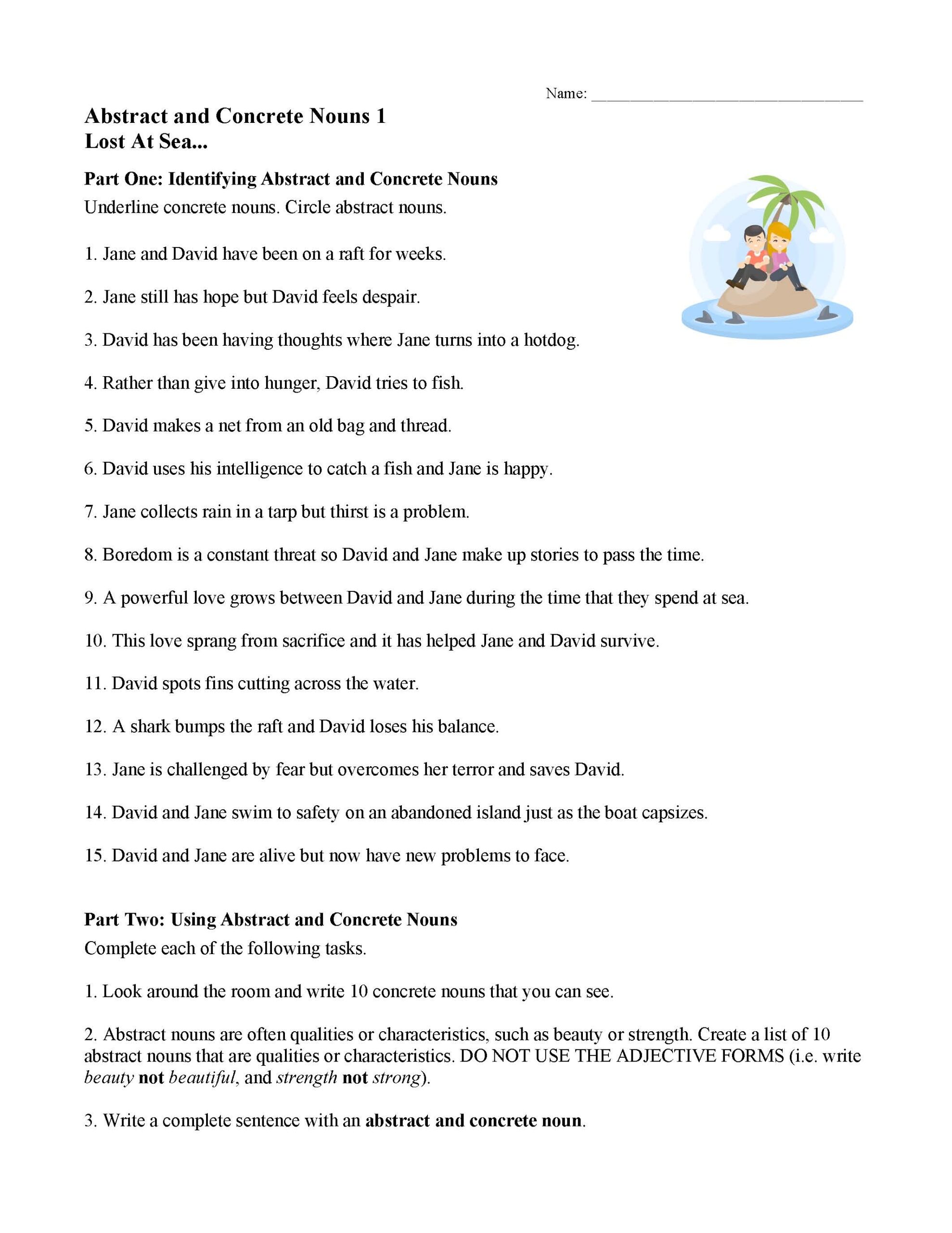 Concrete And Abstract Nouns Worksheet Lost At Sea Parts Of Speech Activity