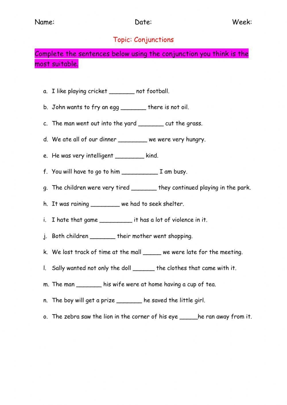 Conjunctions Joining Sentences Worksheet Worksheets Library