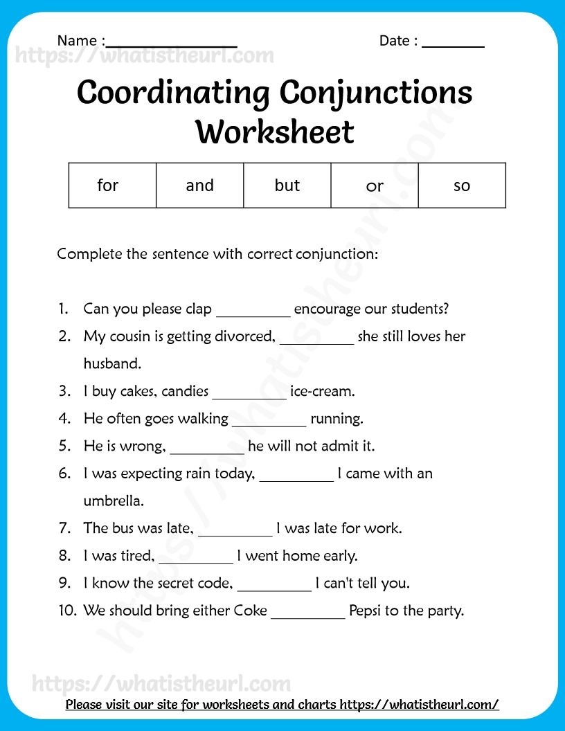 6th Grade Conjunctions Worksheets Printable