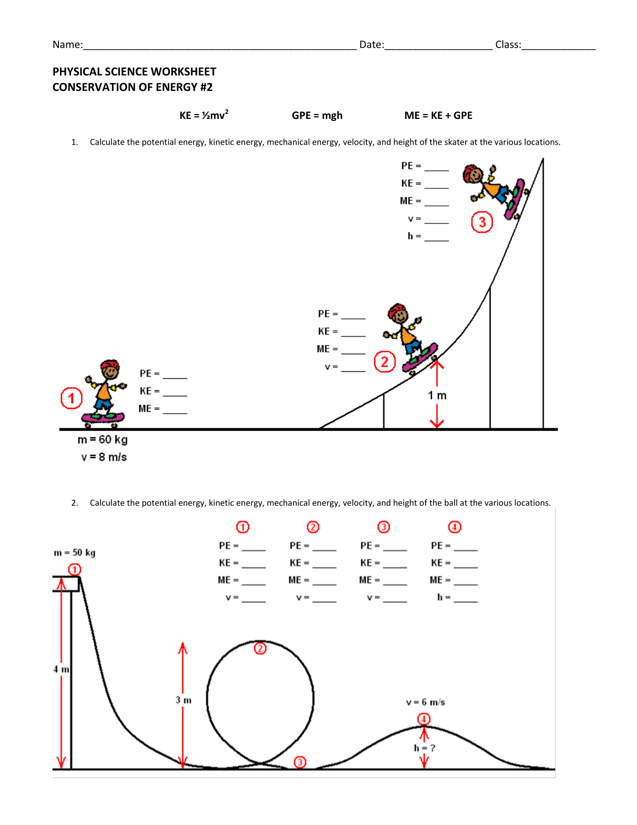 Conservation Of Energy Worksheet KE GPE ME Problems