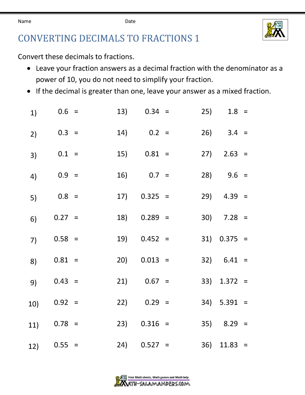 FREE Converting Fractions To Decimals Worksheets