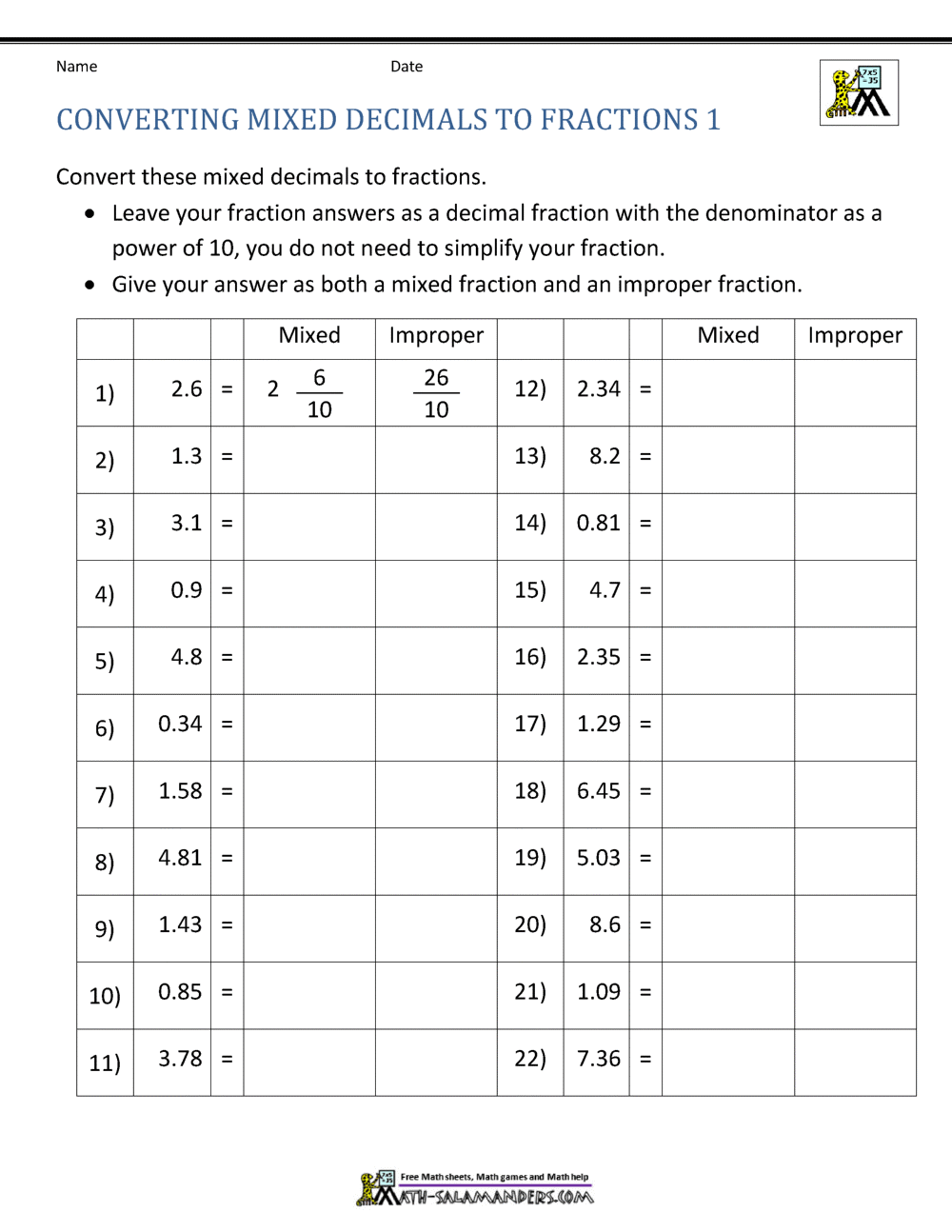 Converting Decimals To Fractions Worksheet