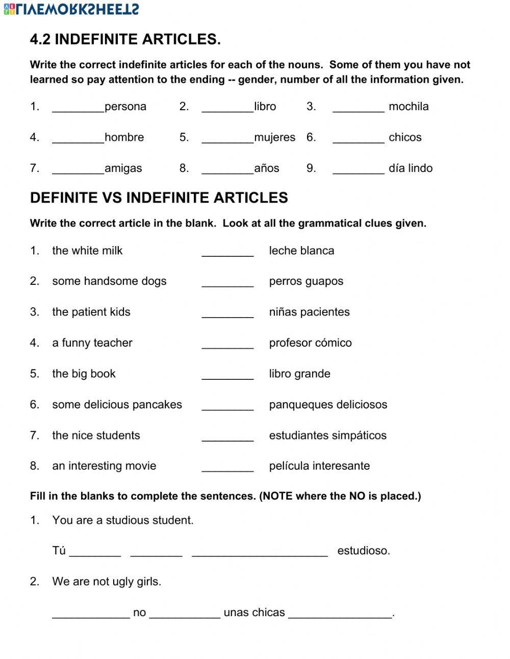 Definite And Indefinite Articles In Spanish Worksheet Live Worksheets Library